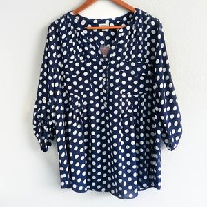 Avenue Navy Blue Polka Dot Top with 3/4 Sleeves